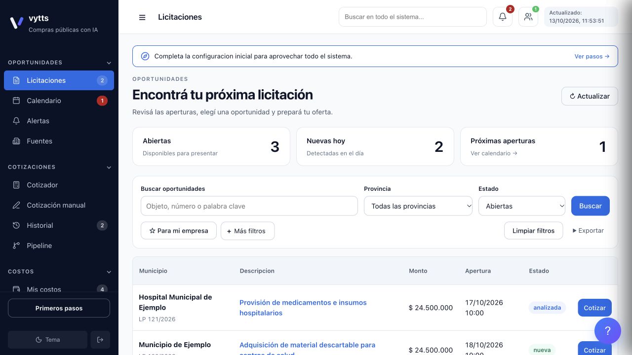 Pantalla de licitaciones de Vytts, con buscador, filtros y una lista de oportunidades por organismo y fecha.